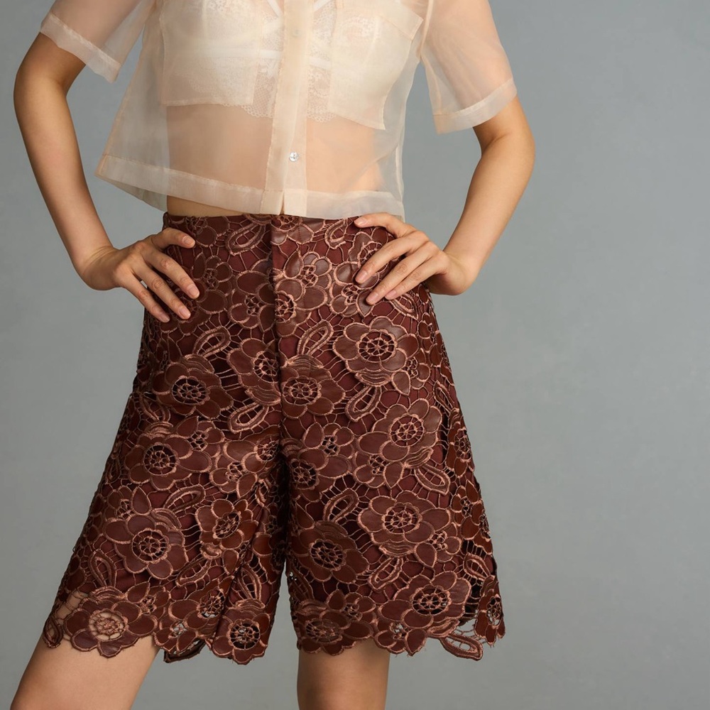 Anthropologie Floral Faux Leather Shorts Brown High Rise Embroidered 00 Boho